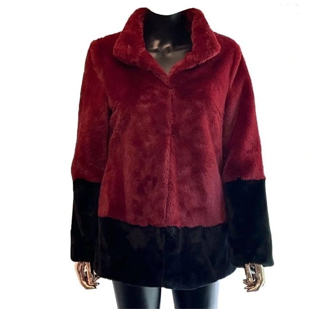 Trina Turk Blanche Faux Fur Coat Burgundy Black Colorblock Jacket XS Oversized